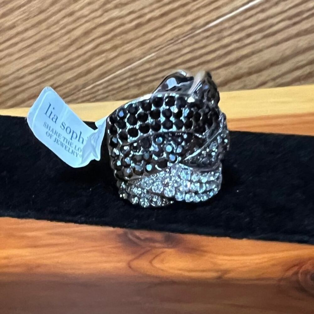 NWT Lia Sophia‎ Cocktail Hour Black & Crystal Glitter Ring Chunky Size 9 NEW